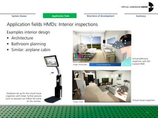 SummaryApplication fieldsSystem classes Directions of development
Application fields HMDs: Interior inspections
Examples interior design
 Architecture
 Bathroom planning
 Similar: airplane cabin
Image: Immersight
Image: Inreal
Virtual bathroom
inspection with 6D-
tracked HMD
Virtual house inspection
11
Hardware set up for the virtual house
inspection with Inreal: further persons
(such as spouses) can follow the scene
on the monitor.
Application fieds
 