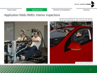 SummaryApplication fieldsSystem classes Directions of development
Application fields HMDs: Interior inspections
12
Image: Bauhaus-Universität Weimar
Seat box and distributed 3D environment for two persons.
On the left: physical set up; right: corresponsing 3D scene
Application fieds
 
