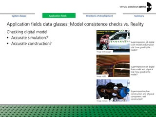 SummaryApplication fieldsSystem classes Directions of development
Application fields data glasses: Model consistence checks vs. Reality
Checking digital model
 Accurate simulation?
 Accurate construction?
Image: Volkswagen
Image: metaio
Image: HLRS
Superimposition of digital
crash model and physical
trial: how good is the
model?
Superimposition line
construction and physical
component: well
constructed?
Superimposition of digital
flow model and physical
trial: how good is the
model?
18
Application fields
 