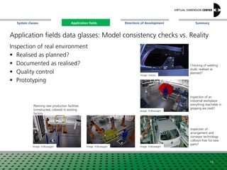SummaryApplication fieldsSystem classes Directions of development
Inspection of real environment
 Realised as planned?
 Documented as realised?
 Quality control
 Prototyping
Image: metaio
Image: Volkswagen
Image: Volkswagen
Checking of welding
studs: realised as
planned?
Inspection of
arrangement and
conveyor technology:
collision-free for new
parts?
Inspection of an
industrial workplace:
everything reachable in
gripping are (red)?
19
Image: VolkswagenImage: Volkswagen
Planning new production facilities
(constructed, colored) in existing
factory
Application fields
Application fields data glasses: Model consistency checks vs. Reality
 