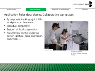 SummaryApplication fieldsSystem classes Directions of development
Application fields data glasses: Collaborative workplaces
 By corporate tracking a joint AR-
workplace can be created
 Individual perspective
 Support of local cooperation
 Natural view on the respective
person (gesture, facial expression,
discussion, …)
Image: TU Wien
Joint AR-workplace
by means of Head Mounted
Displays
20
Application fields
 