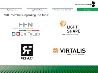 SummaryApplication fieldsSystem classes Directions of development
VDC members regarding this topic:
44
Summary
 