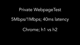 Private WebpageTest
5Mbps/1Mbps; 40ms latency
Chrome; h1 vs h2
 