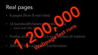 Real pages
•  8 pages (from 8 real sites)
•  16 bandwidth/latency combinations
–  Each with 0%, 0.5%, 1%, 2% PLR
•  Firefox and Chrome, TLS only, collect all metrics
•  300-400 runs with each combination
 