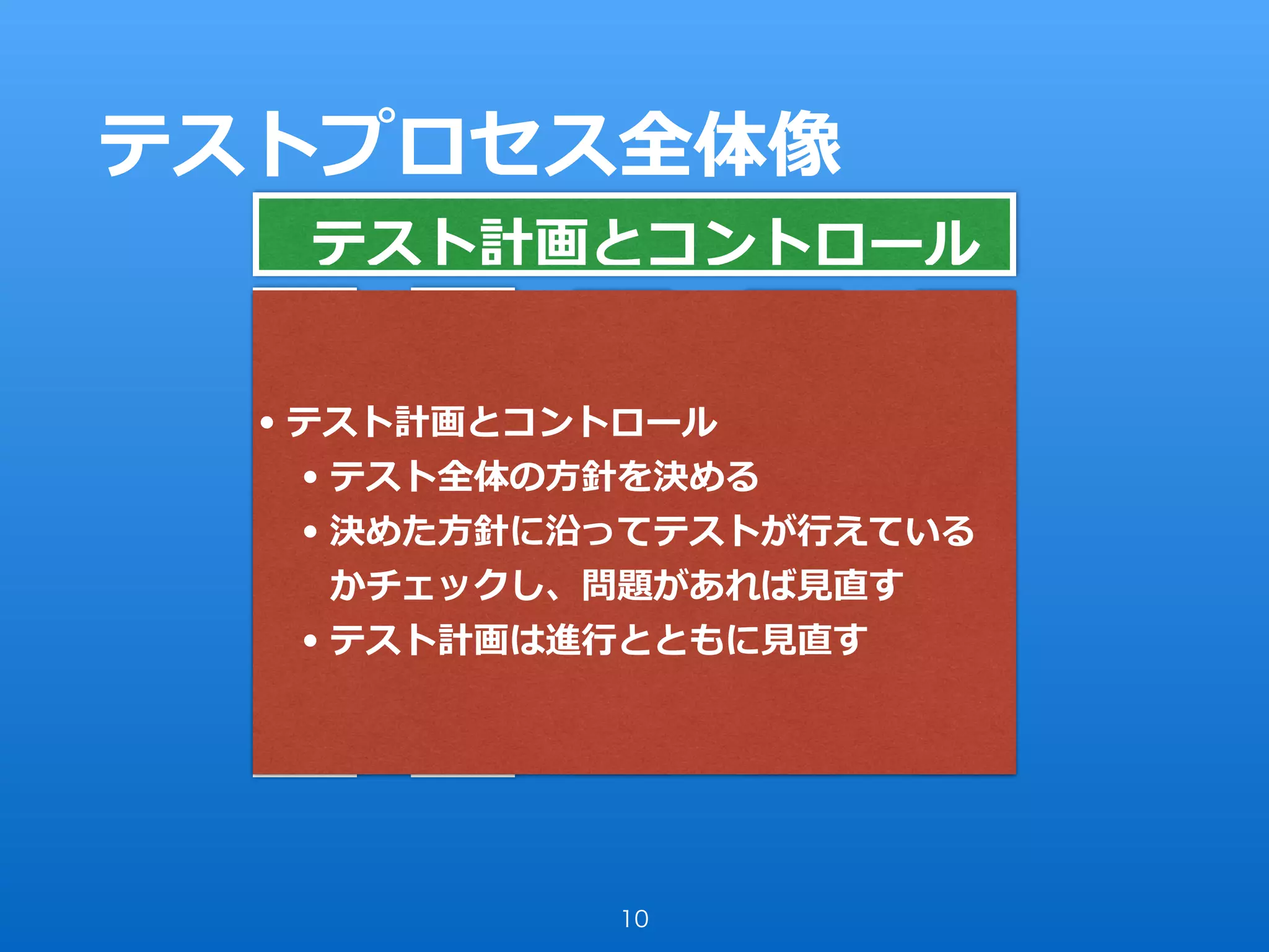 テストプロセス全体像
10
テ
ス
ト
分
析
テ
ス
ト
設
計
テ
ス
ト
実
装
テ
ス
ト
実
⾏
テ
ス
ト
報
告
テスト計画とコントロール
• テスト計画とコントロール
• テスト全体の⽅針を決める
• 決めた⽅針に沿ってテストが⾏えている
かチェックし、問題があれば⾒直す
• テスト計画は進⾏とともに⾒直す
 
