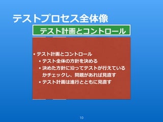 テストプロセス全体像
10
テ
ス
ト
分
析
テ
ス
ト
設
計
テ
ス
ト
実
装
テ
ス
ト
実
⾏
テ
ス
ト
報
告
テスト計画とコントロール
• テスト計画とコントロール
• テスト全体の⽅針を決める
• 決めた⽅針に沿ってテストが⾏えている
かチェックし、問題があれば⾒直す
• テスト計画は進⾏とともに⾒直す
 