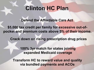 Clinton HC Plan
Defend the Affordable Care Act
Crack down on rising prescription drug prices
100% 3yr match for states joining
expanded Medicaid coverage
$5,000 tax credit per family for excessive out-of-
pocket and premium costs above 5% of their income.
Transform HC to reward value and quality
via bundled payments and ACOs
 