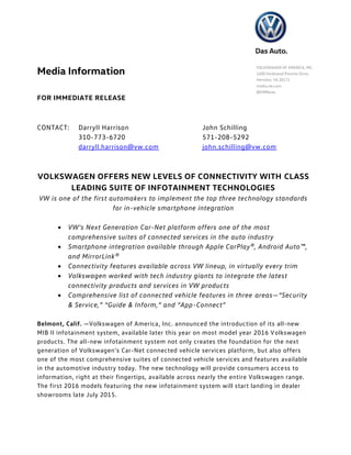 FOR IMMEDIATE RELEASE
CONTACT: Darryll Harrison John Schilling
310-773-6720 571-208-5292
darryll.harrison@vw.com john.schilling@vw.com
VOLKSWAGEN OFFERS NEW LEVELS OF CONNECTIVITY WITH CLASS
LEADING SUITE OF INFOTAINMENT TECHNOLOGIES
VW is one of the first automakers to implement the top three technology standards
for in-vehicle smartphone integration
 VW’s Next Generation Car-Net platform offers one of the most
comprehensive suites of connected services in the auto industry
 Smartphone integration available through Apple CarPlay®, Android Auto™,
and MirrorLink®
 Connectivity features available across VW lineup, in virtually every trim
 Volkswagen worked with tech industry giants to integrate the latest
connectivity products and services in VW products
 Comprehensive list of connected vehicle features in three areas—“Security
& Service,” “Guide & Inform,” and “App-Connect”
Belmont, Calif. —Volkswagen of America, Inc. announced the introduction of its all-new
MIB II infotainment system, available later this year on most model year 2016 Volkswagen
products. The all-new infotainment system not only creates the foundation for the next
generation of Volkswagen’s Car-Net connected vehicle services platform, but also offers
one of the most comprehensive suites of connected vehicle services and features available
in the automotive industry today. The new technology will provide consumers access to
information, right at their fingertips, available across nearly the entire Volkswagen range.
The first 2016 models featuring the new infotainment system will start landing in dealer
showrooms late July 2015.
Media Information
VOLKSWAGEN OF AMERICA, INC.
2200 Ferdinand Porsche Drive,
Herndon, VA 20171
media.vw.com
@VWNews
 