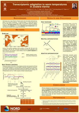 International Seagrass Biology Workshop, Wales, UK, October 16th
-21st
2016 Alexander-Jueterbock@web.de
Poster PDF
Article link
Transcriptomic adaptation to warm temperatures
in Zostera marina
Jueterbock A.1,∗
, Franssen S.U.2
, Bergmann N.3
, Gu, J.4
, Coyer J.A.5
, Reusch T.B.H. 6
, Bornberg-Bauer E.4
, Olsen J.L.7
1 Faculty of Biosciences and Aquaculture, University of Nordland, Bodø, Norway
2 Institut f¨ur Populationsgenetik, Vetmeduni Vienna, Austria
3 Integrated School of Ocean Sciences (ISOS), Kiel University, Germany
4 Institute for Evolution and Biodiversity, University of M¨unster, Germany
5 Shoals Marine Laboratory, Cornell University, Portsmouth, USA
6 GEOMAR Helmholtz-Centre for Ocean Research Kiel, Evolutionary Ecology of Marine Fishes, Germany
7 Marine Benthic Ecology and Evolution Group, Centre for Ecological and Evolutionary Studies, University of Groningen, The Netherlands
BACKGROUND
Heat waves are a major threat for Zostera marina, the most widely distributed sea-
grass in the northern hemisphere. In previous studies, Z. marina was found to
be more heat tolerant at the southern edge of its European distribution (Mediter-
ranean, [1]). We asked whether inherent heat resistance is a unique characteristic
of Mediterranean seagrass or if Z. marina adapted to warm temperatures in par-
allel along the American and European thermal clines.
METHODS
SAMPLING
North
Atlantic
Current
Gulf
Stream
Northern and southern populations were sampled in Europe (NE, SE) and in the
northeastern USA (NU, SU). Thermally contrasting environments replicated on the
North American and European coasts allowed to test for parallel adaptation to
warm summer temperatures.
Weekly average summer
sea surface temperatures
>25◦C
<25◦C
HEAT STRESS LIBRARIES
Following 20 days of acclimation, living seagrass samples were exposed for 20 days
to a simulated heatwave in a common-garden mesocosm, followed by a 20-day re-
covery period. Samples for transcriptome sequencing (RNAseq) were taken at two
time points under heat stress and at three time points under recovery, resulting in 99
RNAseq libraries with ca. 13,000 uniquely annotated, expressed genes.
2 3 5 7 9
26
19
Temperature(◦
C)
20 40 60 80
Day of experiment
Sampling time points
RNAseq library per pop-
ulation and temperature
treatment
1 2 3
RNAseq (Illumina) + Quality control
Alignment (splice-aware)
Zostera marina genome
Annotation
Filtering reads
Duplicates
Ambiguous mappings
Non-annotated mappings
Expression proﬁles (rlog transformed)
Gene Library 1 Library 2 Library 3 ...
mRNA1 3.6 5.9 6.4 ...
mRNA2 1.5 0.2 4.0 ...
... ... ... ... ...
RESULTS AND DISCUSSION
HEAT RESPONSE
Hierarchical cluster on the ﬁrst
ﬁve principal components of
heat-responsive gene expression
shows stronger separation
between Atlantic and Mediter-
ranean samples than between
Northern and Southern samples.
Faster recovery of gene expres-
sion in both southern populations
suggests reduced sensitivity to
global warming at the species’
southern edge of distribution.
NEUTRAL DIFFERENTIATION
0.05
1.00
Neighbor-Joining tree based on
Nei’s genetic distances derived
from 139,321 biallelic neutral
SNPs. Notably, the Mediter-
ranean population (SE) was the
most distant from the three At-
lantic populations: a common
pattern associated with virtually
all phylogeographic studies in-
cluding seagrasses [2].
ADAPTIVE DIFFERENTIATION
Differentially expressed genes
(grey numbers) and adaptively
differentially expressed genes
(black numbers). Black dots
indicate adaptive differentiation
(upper dot: A vs. M, lower dot: N
vs. S) under control (C), stress
(S) and/or recovery (R) condi-
tions. Sixteeen of 21 genes that
were likely involved in parallel
adaptation to warm temper-
atures showed also adaptive
expression differences between
Mediterranean and Atlantic
samples. The strong adaptive
differentiation between Atlantic
and Mediterranean populations
at 128 genes suggests that
much of the previously observed
North-South differentiation along
the European coast [e.g. 1]
might be better explained by a
general Mediterranean-Atlantic
differentiation.
CONCLUSION
Although adaptation to warm temperatures is expected to reduce sensitivity to heat-
waves, the continued resistance of seagrass to further anthropogenic stresses
may be impaired by heat-induced downregulation of genes related to photosynthe-
sis, pathogen defence and stress tolerance. Zostera marina has dominated the
North Atlantic through several previous glacial-interglacial periods. Temperature
alone is not the driver, but rather numerous other anthropogenic stressors press
towards a tipping point.
REFERENCES
[1] Franssen SU, Gu J, Bergmann N, Winters G, Klostermeier UC, Rosenstiel P, Bornberg-Bauer E & Reusch, TBH (2011): Transcriptomic
resilience to global warming in the seagrass Zostera marina, a marine foundation species. Proceedings of the National Academy of Sciences
108(48):19276–19281
[2] Olsen JL, Stam WT, Coyer J, Reusch TBH, Billingham M, Bostr¨om C, Calvert E, Christie H, Granger S, la Lumi`ere R, Milchakova N, Oudot-
Le Secq M-P, Procaccini G, Sanjabi B, Serrao E, Veldsink J, Widdicombe S, Wyllie-Echeverria S (2004): North Atlantic phylogeography and
large-scale population differentiation of the seagrass Zostera marina L. Molecular Ecology 13(7):1923–1941
 