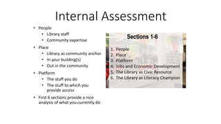 Internal Assessment
• People
• Library staff
• Community expertise
• Place
• Library as community anchor
• In your buildin...