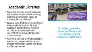 Academic Libraries
• Academic libraries provide resources
and services to support the learning,
teaching, and research nee...