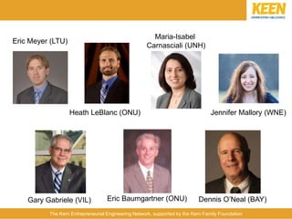 The Kern Entrepreneurial Engineering Network, supported by the Kern Family Foundation
Eric Meyer (LTU)
Jennifer Mallory (WNE)
Gary Gabriele (VIL)
Heath LeBlanc (ONU)
Maria-Isabel
Carnasciali (UNH)
Eric Baumgartner (ONU) Dennis O’Neal (BAY)
 