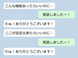 こんな機能あったらいいのに…
実装しましたー！
わぁ！ありがとうございます！
ここが設定出来たらいいのに…
実装しましたー！
わぁ！ありがとうございます！
 