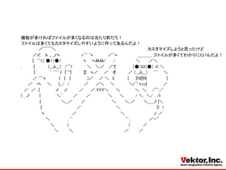 機能が多ければファイルが多くなるのは当たり前だろ！	
ファイルは多くてもカスタマイズしやすいように作ってあるんだよ！	
　　　　　　／￣￣＼ 　　　　　　　　　　　　　　　　　　　　　 　　 　　　　　　　カスタマイズしようと思ったけど	
　　　　／ﾉ( 　ゝ 、_,ﾉヽ　　　　 　　　r‘´ ﾞヽ　　　 　 ／｀ヽ　　　 　 　 ＿＿＿_ ファイルが多くてわかりにくいんだよ！	
　　　　|　⌒(（ ●）（●）　　　　　　　 ヽ 　 ヽ从从/　　 /　 　　　　 　＼　　　／＼	
.　　　　|　　　　 （__人__）　/⌒l　　　　　＼　 ＼／　 ／て 　 　 　　（●）liil（●） ﾉ( ＼	
　　　 　|　　　　　｀ ⌒´ﾉ　|`'''|　　　　∑　ヽ／　　／ 　そ 　　 　／ （__人__）　　⌒ 　 ＼	
　　　　／ ⌒ヽ　 　　　}　 |　 |　　　 　　,)／　　／ ＼　く　　　　 | 　　|!!il|!|!l| 　 　 　 　　|	
　　 ／　 へ　　＼　　 }__/　/　　　 　 ／　　 ／＼　　＼ 　　　　 ＼i⌒ヽｪｪ| 　　　　　／	
　／　／　|　　　　　 ノ 　 ノ　　　　／　　 ／ YＹY＼ 　　＼　　　　　＼　＼　　/⌒,/´	
( _ ノ　　　 |　　　　　 ＼´　　　 ／　　　／ 　　　　　 ＼ 　　＼ 　　　 / ＼　＼/　 /ｌ	
　　　　　 　|　　　　　　　＼_,／　　　／　　　　　　　　　＼　　　＼_／　 　 ＼_＿ノ |＼	
　　　　　　 .|　　　　　　　　　　　　／　　　　　　　　　　　　＼　　　　　　　　 　　　　|)　）	
　　　　　　　ヽ　　　　　　　　　 ／　　　　　　　　　　　　　　　＼ 　　　　　　　 　　,r' ／	
　　　　　　　　 ＼　　　　　　, '´　　　　　　　　　　　　　　　　 　 ｀' ,　　　 　 　 ／ｰ'′	
　　　　　　　　　　＼　　　　 (　　　　　　　　　　　　　　　　　　　 　)　　　　 ／	
　　　　　　　　　　　 ＼　　　 ＼　　　　　　　　　　　　　　　　　 ／　　　 ／ 	
 