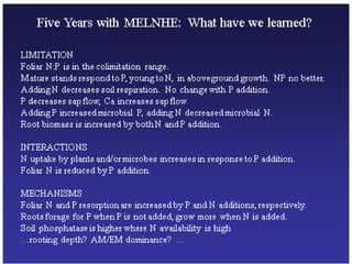 Five Years with MELNHE: What have we learned?
LIMITATION
Foliar N:P is in the colimitation range.
Mature stands respond to...