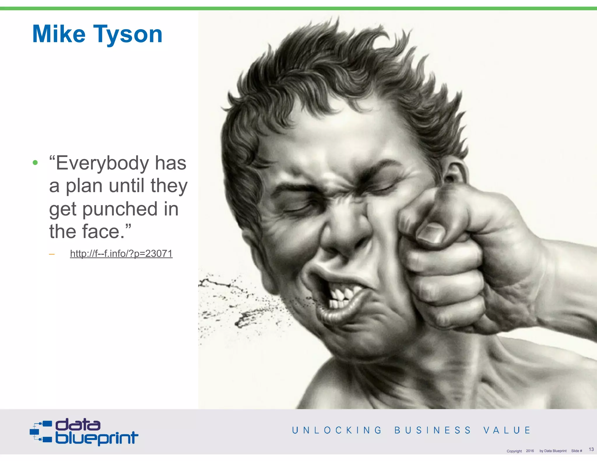 Mike Tyson
• “Everybody has
a plan until they
get punched in
the face.”
– http://f--f.info/?p=23071
13Copyright 2016 by Data Blueprint Slide #
 