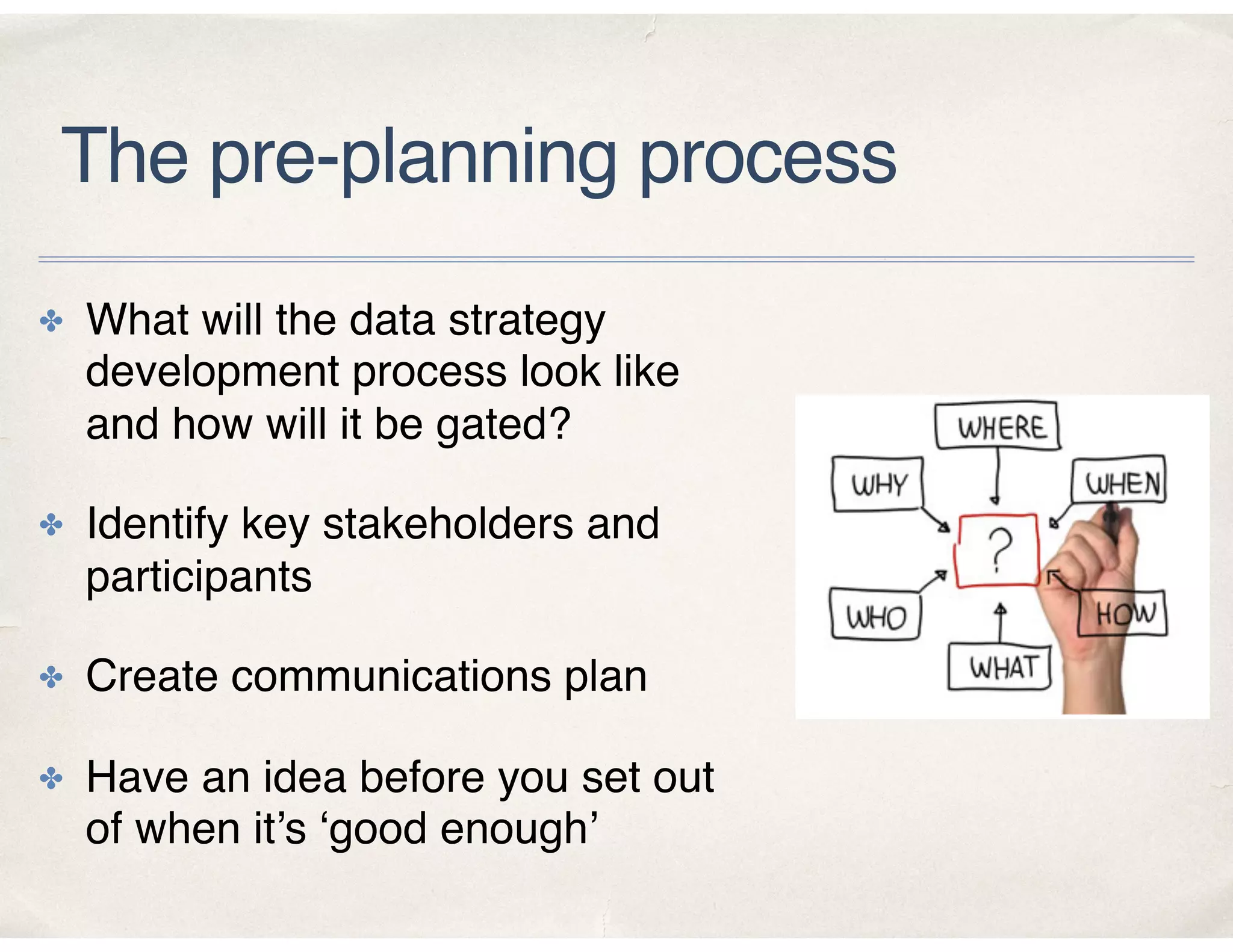 The pre-planning process
✤ What will the data strategy
development process look like
and how will it be gated?
✤ Identify key stakeholders and
participants
✤ Create communications plan
✤ Have an idea before you set out
of when it’s ‘good enough’
 