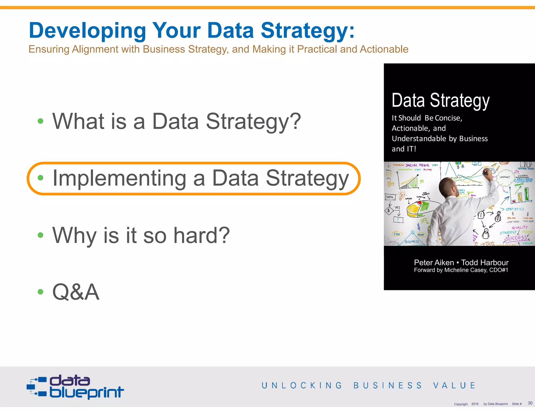 Developing Your Data Strategy:  
Ensuring Alignment with Business Strategy, and Making it Practical and Actionable
30Copyright 2016 by Data Blueprint Slide #
Data Strategy
It	Should	 Be	Concise,	
Actionable,	and	
Understandable	by	Business	
and	IT!
Peter	J.	Aiken	•	Todd	Harbour
Peter Aiken • Todd Harbour 
Forward by Micheline Casey, CDO#1
• What is a Data Strategy?
• Implementing a Data Strategy
• Why is it so hard?
• Q&A
 