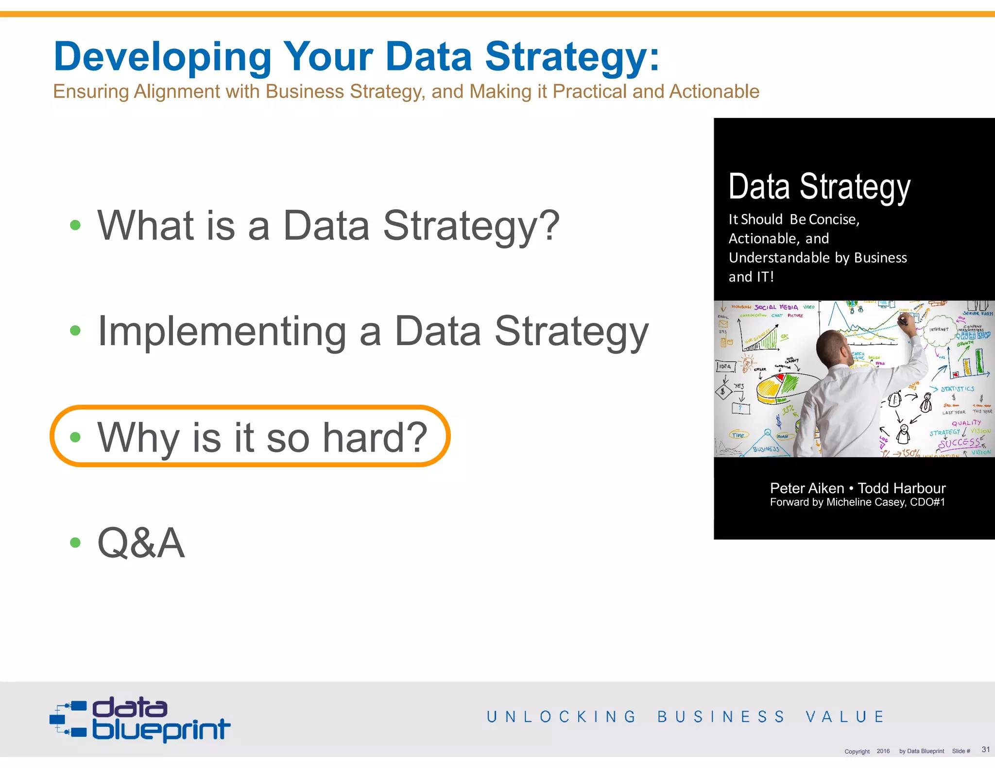 Developing Your Data Strategy:  
Ensuring Alignment with Business Strategy, and Making it Practical and Actionable
31Copyright 2016 by Data Blueprint Slide #
Data Strategy
It	Should	 Be	Concise,	
Actionable,	and	
Understandable	by	Business	
and	IT!
Peter	J.	Aiken	•	Todd	Harbour
Peter Aiken • Todd Harbour 
Forward by Micheline Casey, CDO#1
• What is a Data Strategy?
• Implementing a Data Strategy
• Why is it so hard?
• Q&A
 