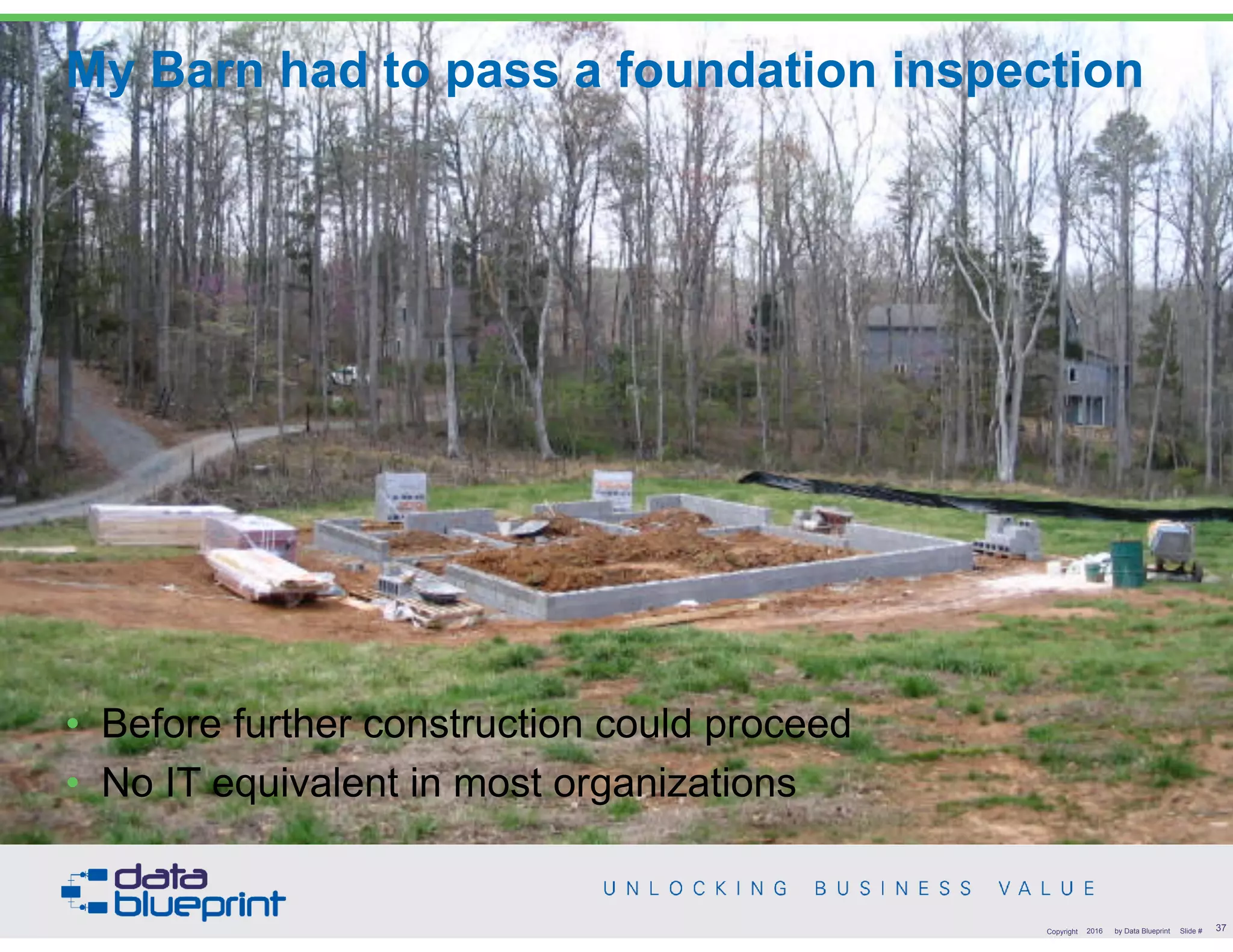 My Barn had to pass a foundation inspection
• Before further construction could proceed
• No IT equivalent in most organizations
37Copyright 2016 by Data Blueprint Slide #
 