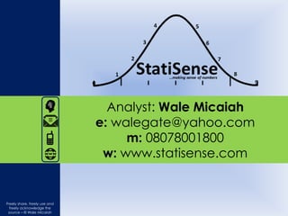 Analyst: Wale Micaiah
e: walegate@yahoo.com
m: 08078001800
w: www.statisense.com
Freely share, freely use and
freely acknowledge the
source – © Wale Micaiah
 