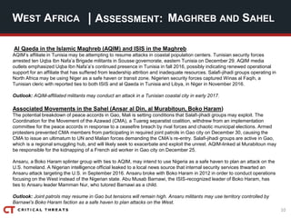 10
| ASSESSMENT:
Al Qaeda in the Islamic Maghreb (AQIM) and ISIS in the Maghreb
AQIM’s affiliate in Tunisia may be attempting to resume attacks in coastal population centers. Tunisian security forces
arrested ten Uqba Ibn Nafa’a Brigade militants in Sousse governorate, eastern Tunisia on December 29. AQIM media
outlets emphasized Uqba Ibn Nafa’a’s continued presence in Tunisia in fall 2016, possibly indicating renewed operational
support for an affiliate that has suffered from leadership attrition and inadequate resources. Salafi-jihadi groups operating in
North Africa may be using Niger as a safe haven or transit zone. Nigerien security forces captured Winas al Faqih, a
Tunisian cleric with reported ties to both ISIS and al Qaeda in Tunisia and Libya, in Niger in November 2016.
Outlook: AQIM-affiliated militants may conduct an attack in a Tunisian coastal city in early 2017.
Associated Movements in the Sahel (Ansar al Din, al Murabitoun, Boko Haram)
The potential breakdown of peace accords in Gao, Mali is setting conditions that Salafi-jihadi groups may exploit. The
Coordination for the Movement of the Azawad (CMA), a Tuareg separatist coalition, withdrew from an implementation
committee for the peace accords in response to a ceasefire breach by rival forces and chaotic municipal elections. Armed
protesters prevented CMA members from participating in required joint patrols in Gao city on December 30, causing the
CMA to issue an ultimatum to UN and Malian forces demanding the CMA’s re-entry. Salafi-jihadi groups are active in Gao,
which is a regional smuggling hub, and will likely seek to exacerbate and exploit the unrest. AQIM-linked al Murabitoun may
be responsible for the kidnapping of a French aid worker in Gao city on December 25.
Ansaru, a Boko Haram splinter group with ties to AQIM, may intend to use Nigeria as a safe haven to plan an attack on the
U.S. homeland. A Nigerian intelligence official leaked to a local news source that internal security services thwarted an
Ansaru attack targeting the U.S. in September 2016. Ansaru broke with Boko Haram in 2012 in order to conduct operations
focusing on the West instead of the Nigerian state. Abu Musab Barnawi, the ISIS-recognized leader of Boko Haram, has
ties to Ansaru leader Mamman Nur, who tutored Barnawi as a child.
Outlook: Joint patrols may resume in Gao but tensions will remain high. Ansaru militants may use territory controlled by
Barnawi’s Boko Haram faction as a safe haven to plan attacks on the West.
WEST AFRICA MAGHREB AND SAHEL
 