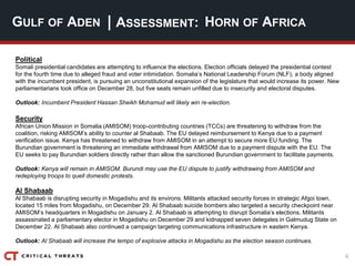 6
| ASSESSMENT:
Political
Somali presidential candidates are attempting to influence the elections. Election officials delayed the presidential contest
for the fourth time due to alleged fraud and voter intimidation. Somalia’s National Leadership Forum (NLF), a body aligned
with the incumbent president, is pursuing an unconstitutional expansion of the legislature that would increase its power. New
parliamentarians took office on December 28, but five seats remain unfilled due to insecurity and electoral disputes.
Outlook: Incumbent President Hassan Sheikh Mohamud will likely win re-election.
Security
African Union Mission in Somalia (AMISOM) troop-contributing countries (TCCs) are threatening to withdraw from the
coalition, risking AMISOM’s ability to counter al Shabaab. The EU delayed reimbursement to Kenya due to a payment
verification issue. Kenya has threatened to withdraw from AMISOM in an attempt to secure more EU funding. The
Burundian government is threatening an immediate withdrawal from AMISOM due to a payment dispute with the EU. The
EU seeks to pay Burundian soldiers directly rather than allow the sanctioned Burundian government to facilitate payments.
Outlook: Kenya will remain in AMISOM. Burundi may use the EU dispute to justify withdrawing from AMISOM and
redeploying troops to quell domestic protests.
Al Shabaab
Al Shabaab is disrupting security in Mogadishu and its environs. Militants attacked security forces in strategic Afgoi town,
located 15 miles from Mogadishu, on December 29. Al Shabaab suicide bombers also targeted a security checkpoint near
AMISOM’s headquarters in Mogadishu on January 2. Al Shabaab is attempting to disrupt Somalia’s elections. Militants
assassinated a parliamentary elector in Mogadishu on December 29 and kidnapped seven delegates in Galmudug State on
December 22. Al Shabaab also continued a campaign targeting communications infrastructure in eastern Kenya.
Outlook: Al Shabaab will increase the tempo of explosive attacks in Mogadishu as the election season continues.
GULF OF ADEN HORN OF AFRICA
 