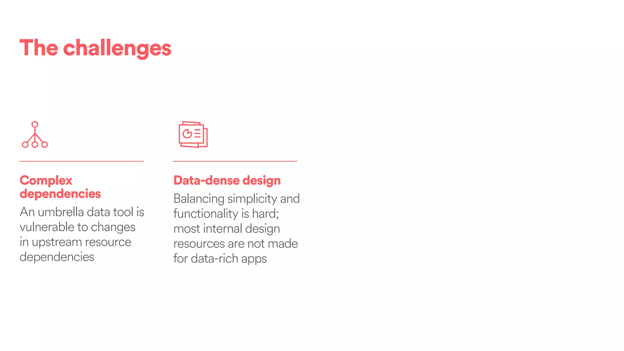 The challenges
Complex
dependencies
An umbrella data tool is
vulnerable to changes
in upstream resource
dependencies
Data-dense design
Balancing simplicity and
functionality is hard;
most internal design
resources are not made
for data-rich apps
 