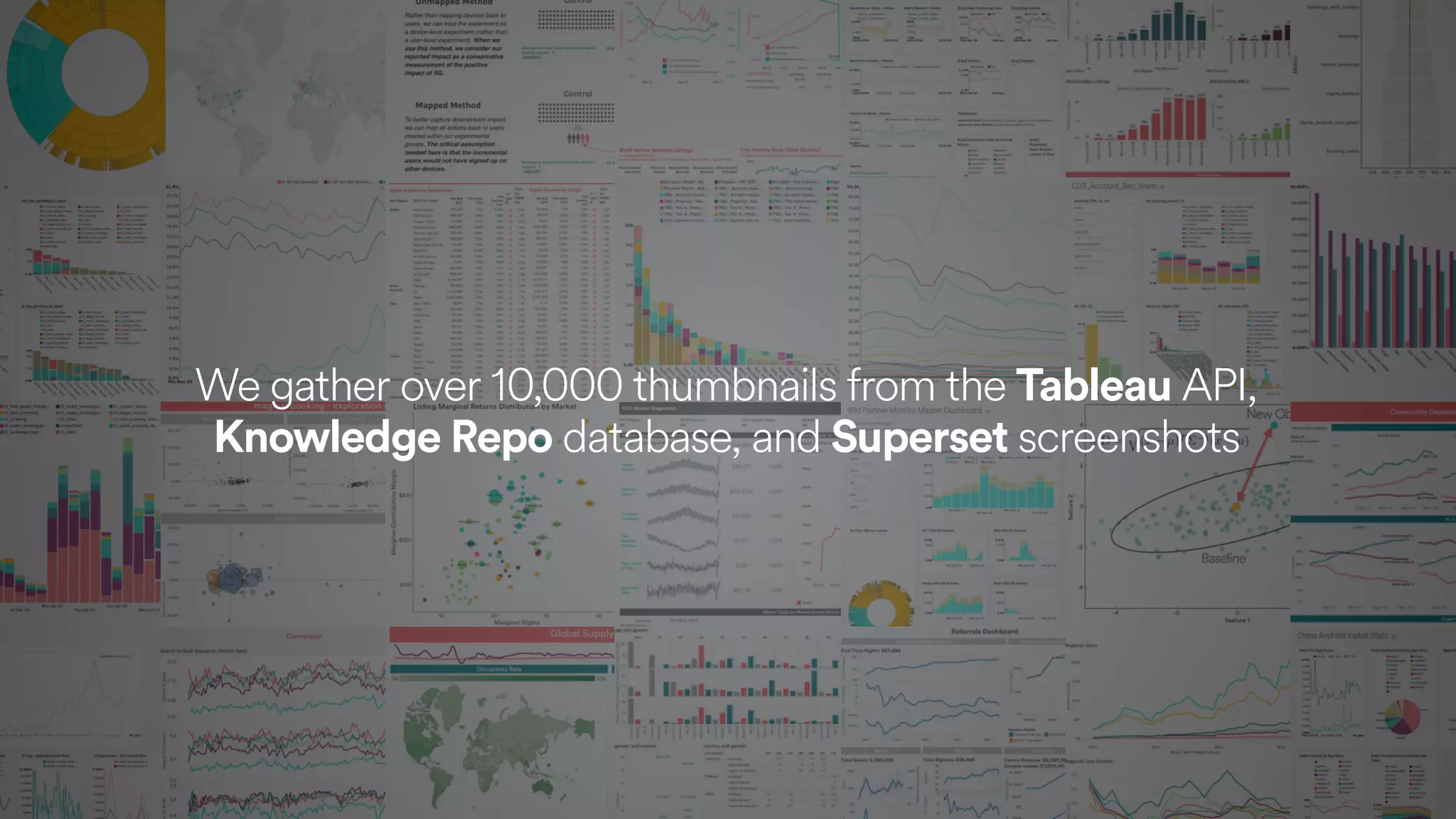 We gather over 10,000 thumbnails from the Tableau API,
Knowledge Repo database, and Superset screenshots
 
