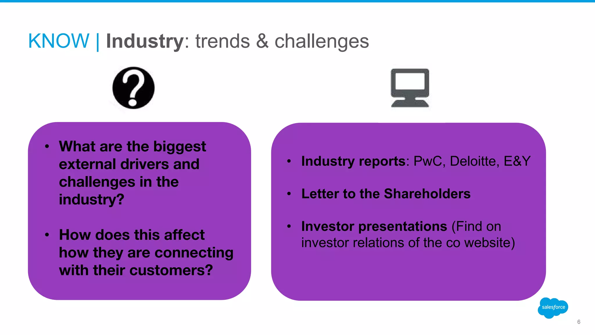 KNOW | Industry: trends & challenges
6
• What are the biggest
external drivers and
challenges in the
industry?
• How does this affect
how they are connecting
with their customers?
• Industry reports: PwC, Deloitte, E&Y
• Letter to the Shareholders
• Investor presentations (Find on
investor relations of the co website)
 