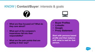 KNOW | Contact/Buyer: interests & goals
8
• What are they focused on? What do
they care about?
• What part of the company’s
imperatives fall into their
responsibility?
• What are the pain points that are
getting in their way?
• Buyer Profiles
• LinkedIn
• Google
• Proxy Statement
Start with persona based
profile and then balance
with what is real for that
person.
 