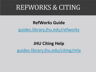 REFWORKS & CITING
RefWorks Guide
guides.library.jhu.edu/refworks
JHU Citing Help
guides.library.jhu.edu/citing/mla
 