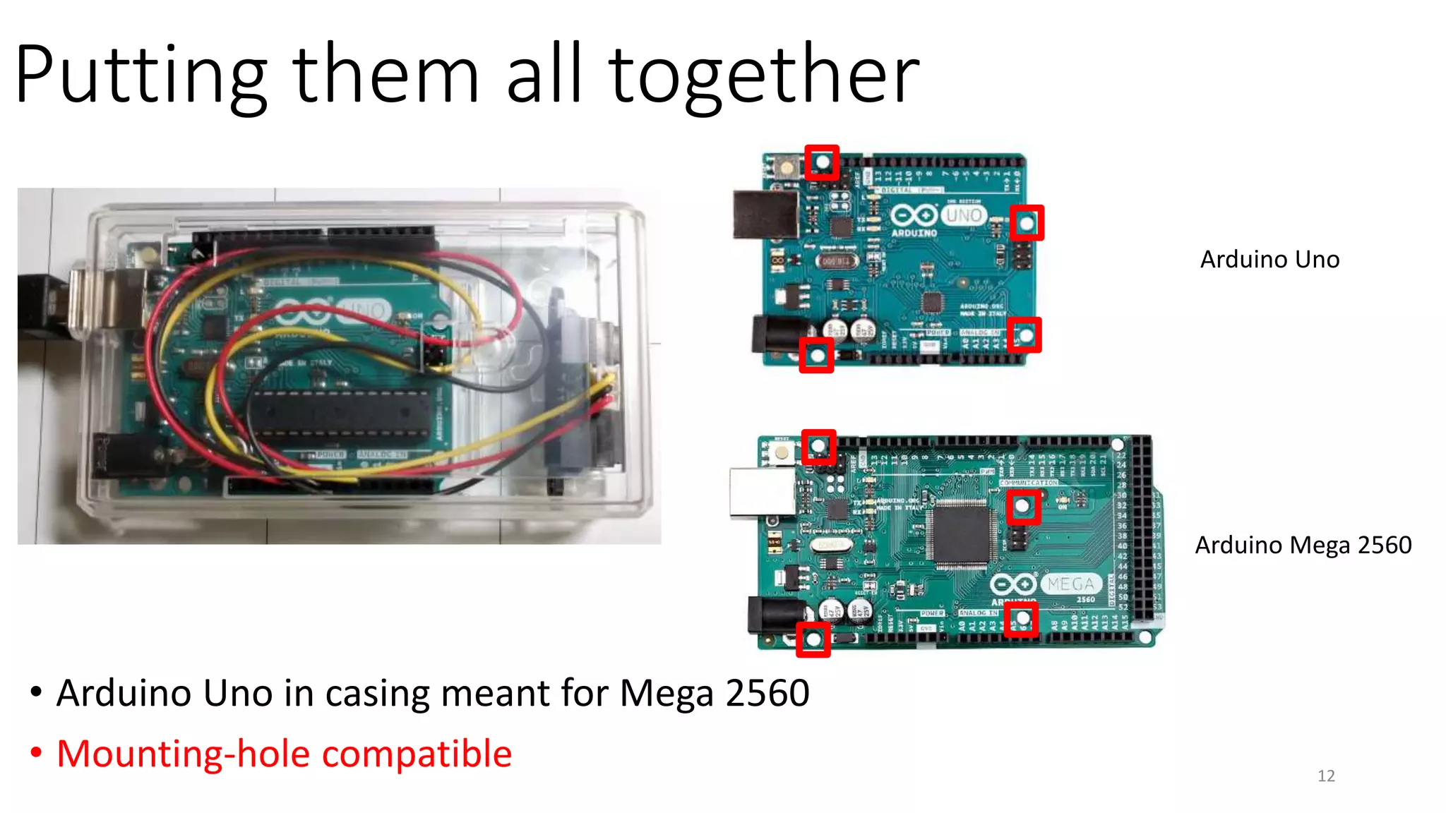 Putting them all together
• Arduino Uno in casing meant for Mega 2560
• Mounting-hole compatible 12
Arduino Uno
Arduino Mega 2560
 