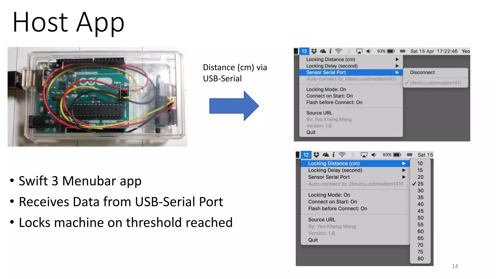 Host App
• Swift 3 Menubar app
• Receives Data from USB-Serial Port
• Locks machine on threshold reached
14
Distance (cm) via
USB-Serial
 