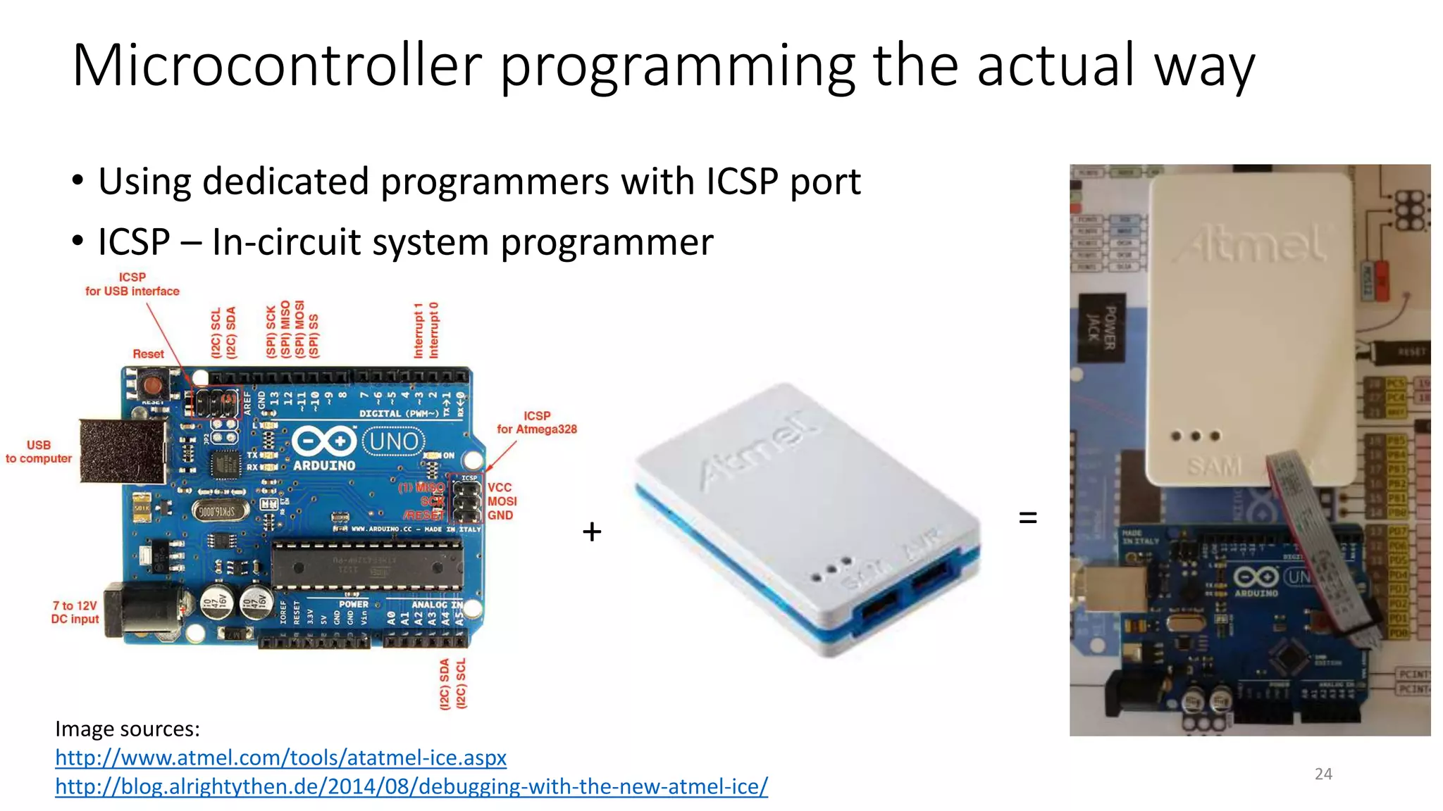Microcontroller programming the actual way
• Using dedicated programmers with ICSP port
• ICSP – In-circuit system programmer
24
Image sources:
http://www.atmel.com/tools/atatmel-ice.aspx
http://blog.alrightythen.de/2014/08/debugging-with-the-new-atmel-ice/
+ =
 