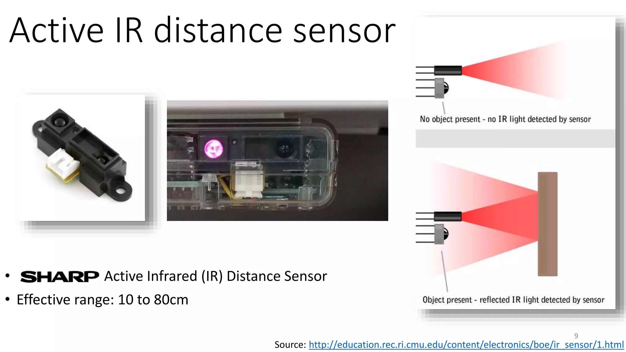 Active IR distance sensor
• Active Infrared (IR) Distance Sensor
• Effective range: 10 to 80cm
Source: http://education.rec.ri.cmu.edu/content/electronics/boe/ir_sensor/1.html
9
 