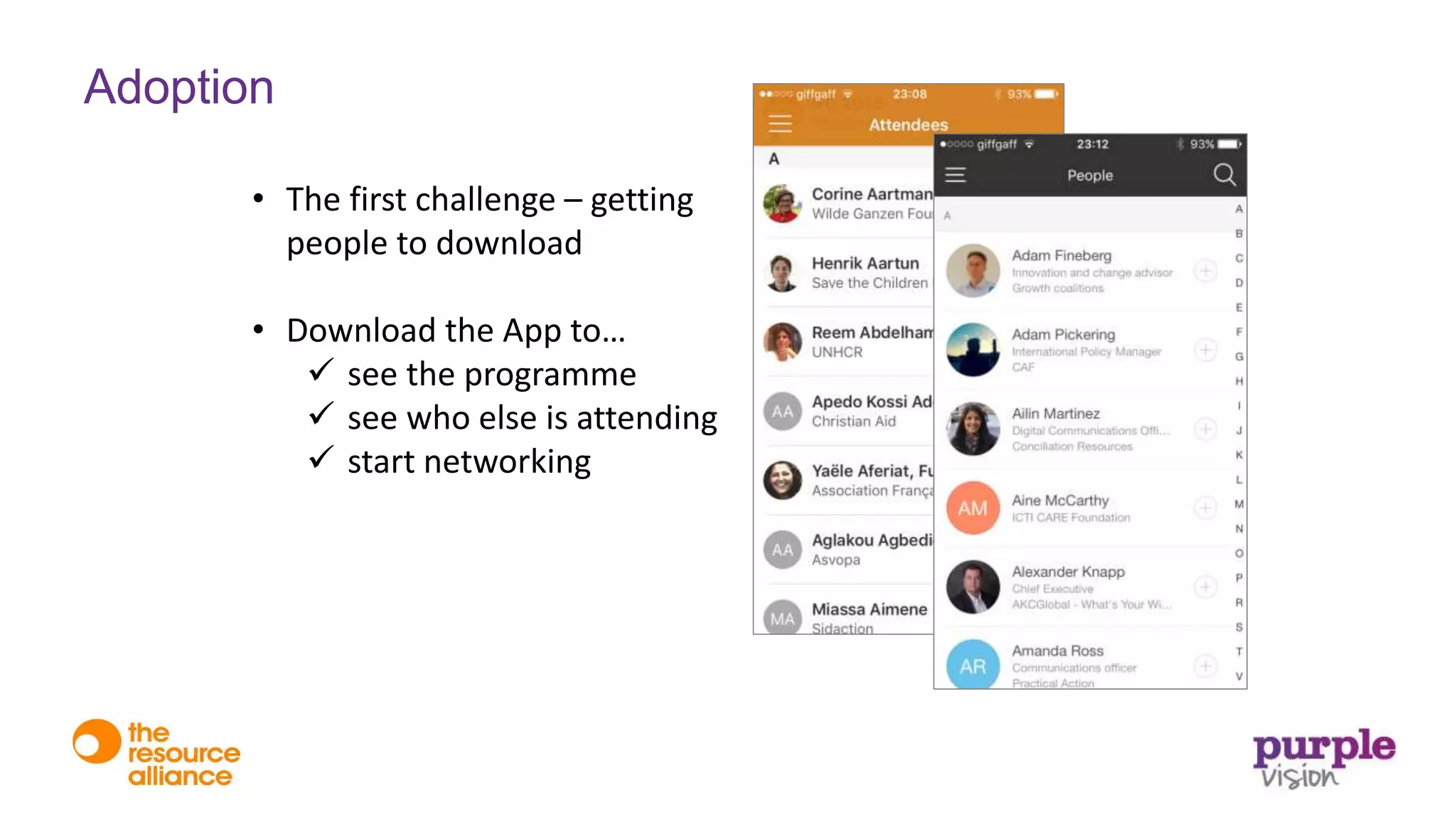 • The first challenge – getting
people to download
• Download the App to…
 see the programme
 see who else is attending
 start networking
Adoption
 