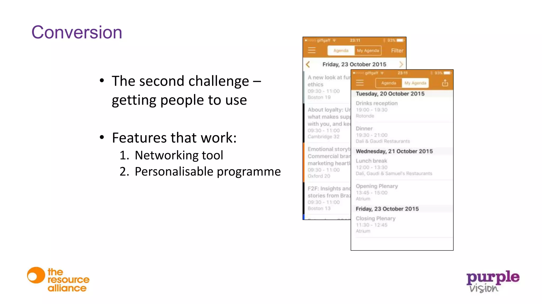 • The second challenge –
getting people to use
• Features that work:
1. Networking tool
2. Personalisable programme
Conversion
 