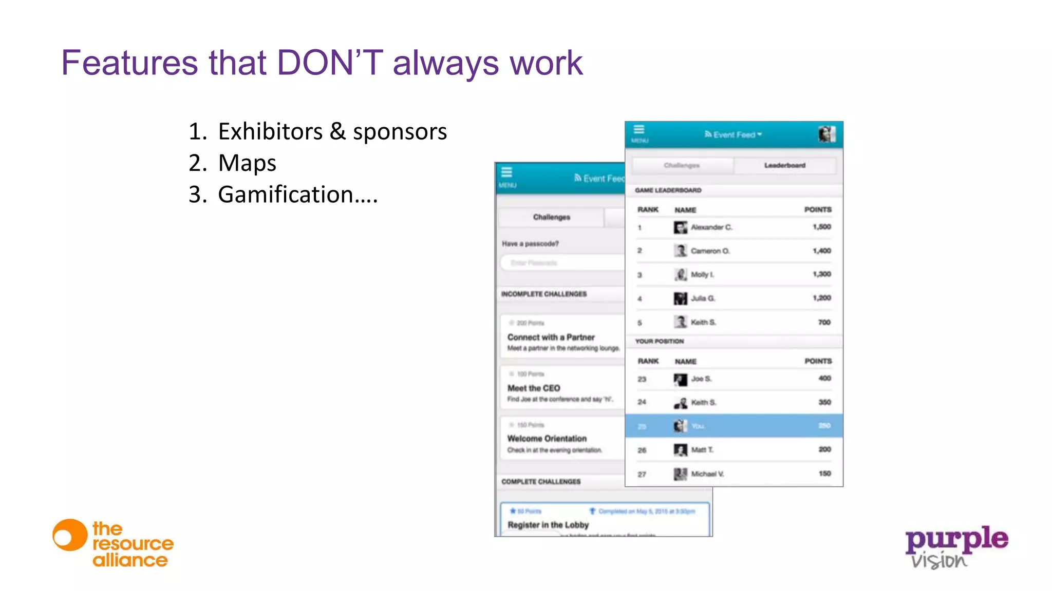 1. Exhibitors & sponsors
2. Maps
3. Gamification….
Features that DON’T always work
 