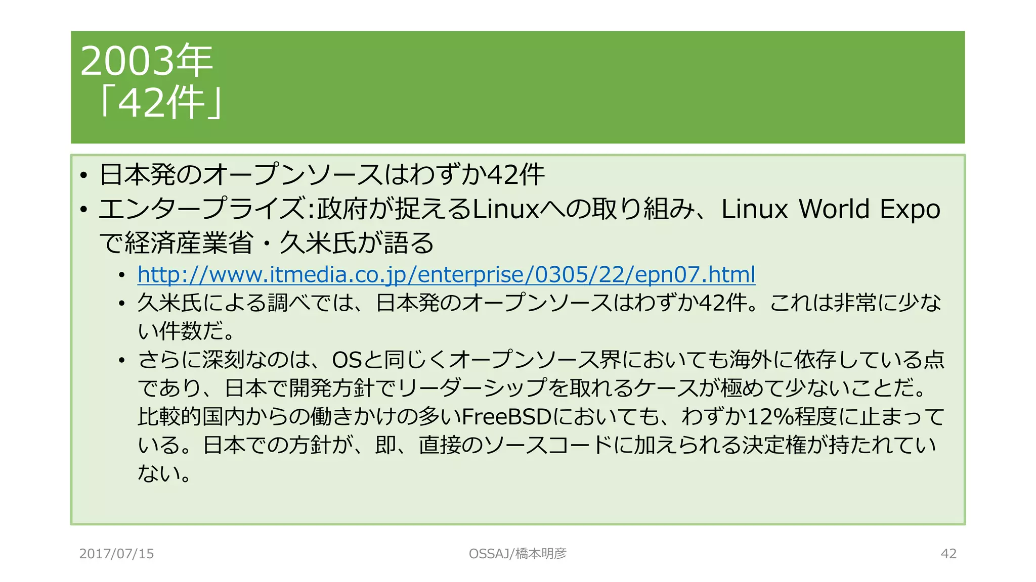 • 日本発のオープンソースはわずか42件
• エンタープライズ:政府が捉えるLinuxへの取り組み、Linux World Expo
で経済産業省・久米氏が語る
• http://www.itmedia.co.jp/enterprise/0305/22/epn07.html
• 久米氏による調べでは、日本発のオープンソースはわずか42件。これは非常に少な
い件数だ。
• さらに深刻なのは、OSと同じくオープンソース界においても海外に依存している点
であり、日本で開発方針でリーダーシップを取れるケースが極めて少ないことだ。
比較的国内からの働きかけの多いFreeBSDにおいても、わずか12％程度に止まって
いる。日本での方針が、即、直接のソースコードに加えられる決定権が持たれてい
ない。
2003年
「42件」
2017/07/15 OSSAJ/橋本明彦 42
 