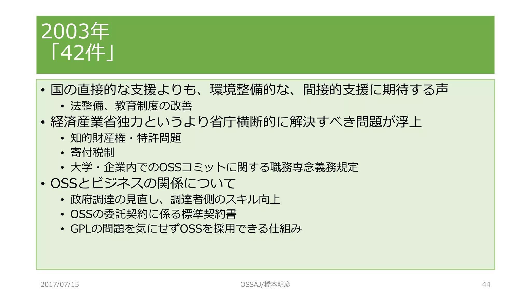 • 国の直接的な支援よりも、環境整備的な、間接的支援に期待する声
• 法整備、教育制度の改善
• 経済産業省独力というより省庁横断的に解決すべき問題が浮上
• 知的財産権・特許問題
• 寄付税制
• 大学・企業内でのOSSコミットに関する職務専念義務規定
• OSSとビジネスの関係について
• 政府調達の見直し、調達者側のスキル向上
• OSSの委託契約に係る標準契約書
• GPLの問題を気にせずOSSを採用できる仕組み
2003年
「42件」
2017/07/15 OSSAJ/橋本明彦 44
 