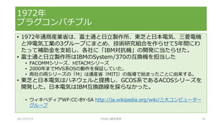 • 1972年通商産業省は、富士通と日立製作所、東芝と日本電気、三菱電機
と沖電気工業の3グループにまとめ、技術研究組合を作らせて5年間にわ
たって補助金を支給し、各社に「IBM対抗機」の開発に当たらせた。
• 富士通と日立製作所はIBMのSystem/370の互換機を担当した
• FACOMMシリーズ、HITACMシリーズ
• 2000年までMVS系OSの動作を保証していた。
• 両社の両シリーズの「M」は通産省（MITI）の指導で始まったことに由来する。
• 東芝と日本電気はハネウェルと提携し、GCOS系であるACOSシリーズを
開発した。日本電気はIBM互換路線を採らなかった。
• ウィキペディアWP:CC-BY-SA http://ja.wikipedia.org/wiki/三大コンピューター
グループ
1972年
プラグコンパチブル
2017/07/15 OSSAJ/橋本明彦 16
 