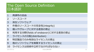 1 再頒布の自由
2 ソースコード
3 派生ソフトウェア
4 作者のソースコードの完全性(integrity)
5 個人やグループに対する差別の禁止
6 利用する分野(fields of endeavor)に対する差別の禁止
7 ライセンスの分配(distribution)
8 特定製品でのみ有効なライセンスの禁止
9 他のソフトウェアを制限するライセンスの禁止
10 ライセンスは技術中立的でなければならない
The Open Source Definition
日本語訳
2017/07/15 OSSAJ/橋本明彦 31
 