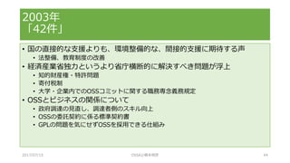 • 国の直接的な支援よりも、環境整備的な、間接的支援に期待する声
• 法整備、教育制度の改善
• 経済産業省独力というより省庁横断的に解決すべき問題が浮上
• 知的財産権・特許問題
• 寄付税制
• 大学・企業内でのOSSコミットに関する職務専念義務規定
• OSSとビジネスの関係について
• 政府調達の見直し、調達者側のスキル向上
• OSSの委託契約に係る標準契約書
• GPLの問題を気にせずOSSを採用できる仕組み
2003年
「42件」
2017/07/15 OSSAJ/橋本明彦 44
 