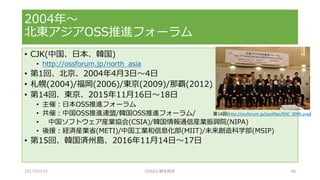 • CJK(中国、日本、韓国)
• http://ossforum.jp/north_asia
• 第1回、北京、2004年4月3日～4日
• 札幌(2004)/福岡(2006)/東京(2009)/那覇(2012)
• 第14回、東京、2015年11月16日～18日
• 主催：日本OSS推進フォーラム
• 共催：中国OSS推進連盟/韓国OSS推進フォーラム/
• 中国ソフトウェア産業協会(CSIA)/韓国情報通信産業振興院(NIPA)
• 後援：経済産業省(METI)/中国工業和信息化部(MIIT)/未来創造科学部(MSIP)
• 第15回、韓国済州島、2016年11月14日～17日
2004年～
北東アジアOSS推進フォーラム
2017/07/15 OSSAJ/橋本明彦 48
第14回(http://ossforum.jp/jossfiles/DSC_0096.png)
 