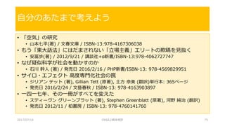 • 「空気」の研究
• 山本七平(著) / 文春文庫 / ISBN-13:978-4167306038
• もう「東大話法」にはだまされない「立場主義」エリートの欺瞞を見抜く
• 安冨歩(著) / 2012/9/21 / 講談社+α新書/ISBN-13:978-4062727747
• なぜ疑似科学が社会を動かすのか
• 石川 幹人 (著) / 発売日 2016/2/16 / PHP新書/ISBN-13: 978-4569829951
• サイロ・エフェクト 高度専門化社会の罠
• ジリアン テット (著), Gillian Tett (原著), 土方 奈美 (翻訳)単行本: 365ページ
• 発売日 2016/2/24 / 文藝春秋 / ISBN-13: 978-4163903897
• 一四一七年、その一冊がすべてを変えた
• スティーヴン グリーンブラット (著), Stephen Greenblatt (原著), 河野 純治 (翻訳)
• 発売日 2012/11 / 柏書房 / ISBN-13: 978-4760141760
自分のあたまで考えよう
2017/07/15 OSSAJ/橋本明彦 75
 