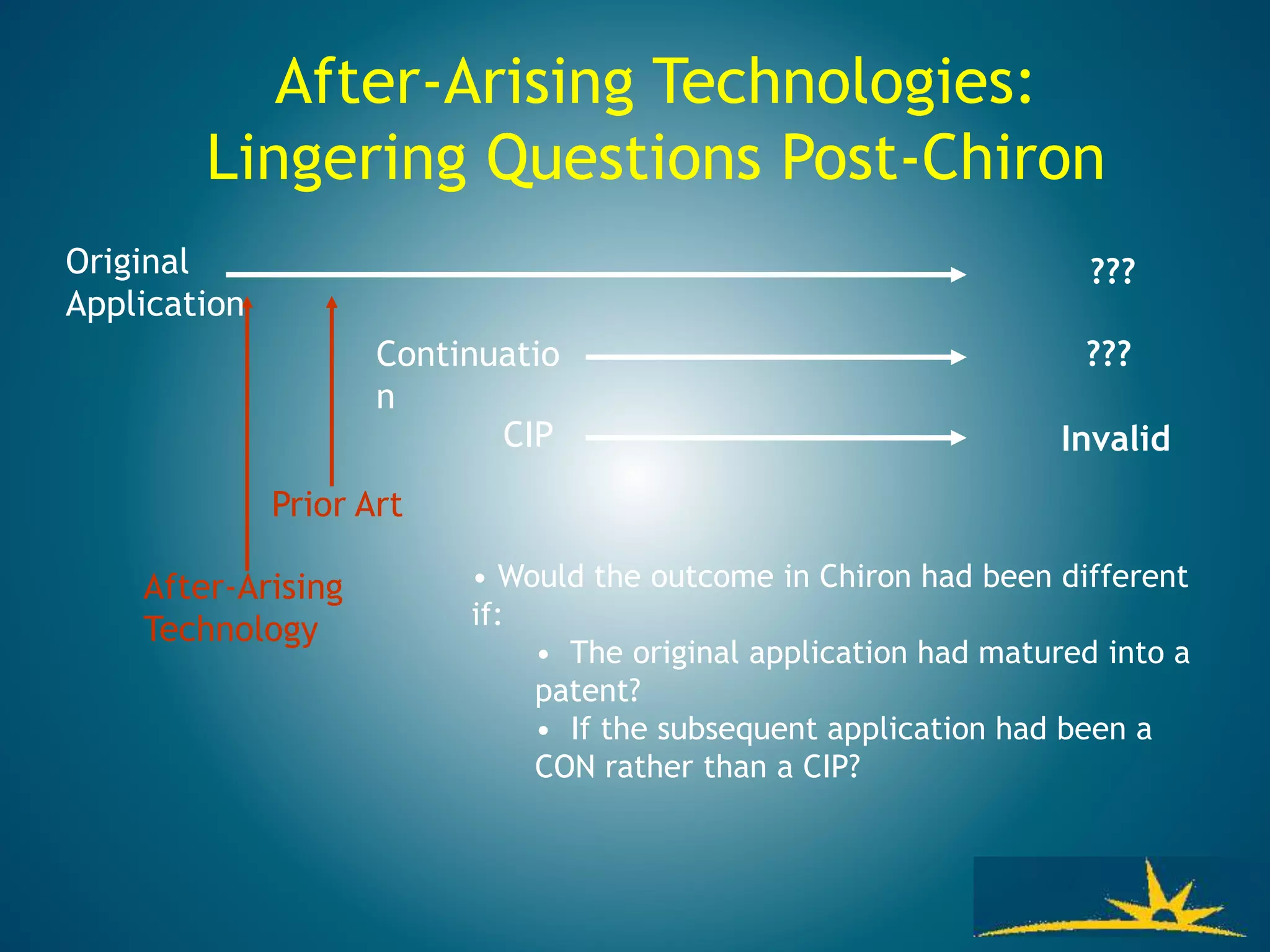 After-Arising Technologies:
Lingering Questions Post-Chiron
Original
Application
Invalid
After-Arising
Technology
CIP
Continuatio
n
???
???
• Would the outcome in Chiron had been different
if:
• The original application had matured into a
patent?
• If the subsequent application had been a
CON rather than a CIP?
Prior Art
 