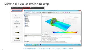 STAR-CCM+ GUI on Rescale-Desktop
20
⼤きな計算結果をダウンロードせず、クラウド上で可視化できる
 
