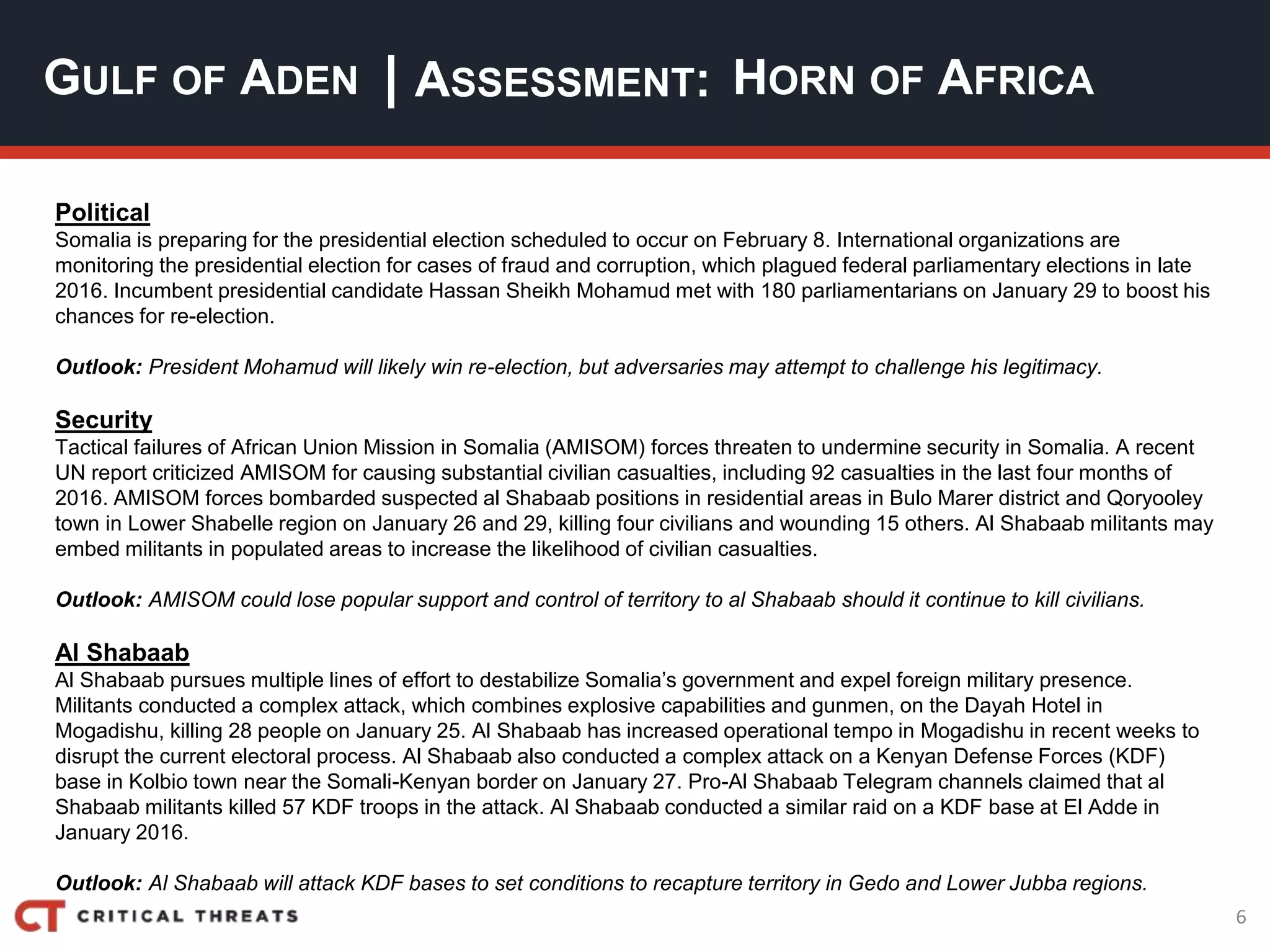 6
| ASSESSMENT:
Political
Somalia is preparing for the presidential election scheduled to occur on February 8. International organizations are
monitoring the presidential election for cases of fraud and corruption, which plagued federal parliamentary elections in late
2016. Incumbent presidential candidate Hassan Sheikh Mohamud met with 180 parliamentarians on January 29 to boost his
chances for re-election.
Outlook: President Mohamud will likely win re-election, but adversaries may attempt to challenge his legitimacy.
Security
Tactical failures of African Union Mission in Somalia (AMISOM) forces threaten to undermine security in Somalia. A recent
UN report criticized AMISOM for causing substantial civilian casualties, including 92 casualties in the last four months of
2016. AMISOM forces bombarded suspected al Shabaab positions in residential areas in Bulo Marer district and Qoryooley
town in Lower Shabelle region on January 26 and 29, killing four civilians and wounding 15 others. Al Shabaab militants may
embed militants in populated areas to increase the likelihood of civilian casualties.
Outlook: AMISOM could lose popular support and control of territory to al Shabaab should it continue to kill civilians.
Al Shabaab
Al Shabaab pursues multiple lines of effort to destabilize Somalia’s government and expel foreign military presence.
Militants conducted a complex attack, which combines explosive capabilities and gunmen, on the Dayah Hotel in
Mogadishu, killing 28 people on January 25. Al Shabaab has increased operational tempo in Mogadishu in recent weeks to
disrupt the current electoral process. Al Shabaab also conducted a complex attack on a Kenyan Defense Forces (KDF)
base in Kolbio town near the Somali-Kenyan border on January 27. Pro-Al Shabaab Telegram channels claimed that al
Shabaab militants killed 57 KDF troops in the attack. Al Shabaab conducted a similar raid on a KDF base at El Adde in
January 2016.
Outlook: Al Shabaab will attack KDF bases to set conditions to recapture territory in Gedo and Lower Jubba regions.
GULF OF ADEN HORN OF AFRICA
 