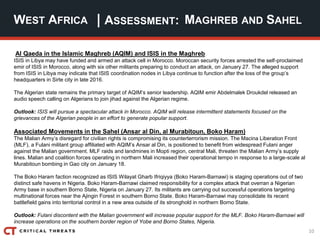10
| ASSESSMENT:
Al Qaeda in the Islamic Maghreb (AQIM) and ISIS in the Maghreb
ISIS in Libya may have funded and armed an attack cell in Morocco. Moroccan security forces arrested the self-proclaimed
emir of ISIS in Morocco, along with six other militants preparing to conduct an attack, on January 27. The alleged support
from ISIS in Libya may indicate that ISIS coordination nodes in Libya continue to function after the loss of the group’s
headquarters in Sirte city in late 2016.
The Algerian state remains the primary target of AQIM’s senior leadership. AQIM emir Abdelmalek Droukdel released an
audio speech calling on Algerians to join jihad against the Algerian regime.
Outlook: ISIS will pursue a spectacular attack in Morocco. AQIM will release intermittent statements focused on the
grievances of the Algerian people in an effort to generate popular support.
Associated Movements in the Sahel (Ansar al Din, al Murabitoun, Boko Haram)
The Malian Army’s disregard for civilian rights is compromising its counterterrorism mission. The Macina Liberation Front
(MLF), a Fulani militant group affiliated with AQIM’s Ansar al Din, is positioned to benefit from widespread Fulani anger
against the Malian government. MLF raids and landmines in Mopti region, central Mali, threaten the Malian Army’s supply
lines. Malian and coalition forces operating in northern Mali increased their operational tempo in response to a large-scale al
Murabitoun bombing in Gao city on January 18.
The Boko Haram faction recognized as ISIS Wilayat Gharb Ifriqiyya (Boko Haram-Barnawi) is staging operations out of two
distinct safe havens in Nigeria. Boko Haram-Barnawi claimed responsibility for a complex attack that overran a Nigerian
Army base in southern Borno State, Nigeria on January 27. Its militants are carrying out successful operations targeting
multinational forces near the Ajingin Forest in southern Borno State. Boko Haram-Barnawi may consolidate its recent
battlefield gains into territorial control in a new area outside of its stronghold in northern Borno State.
Outlook: Fulani discontent with the Malian government will increase popular support for the MLF. Boko Haram-Barnawi will
increase operations on the southern border region of Yobe and Borno States, Nigeria.
WEST AFRICA MAGHREB AND SAHEL
 